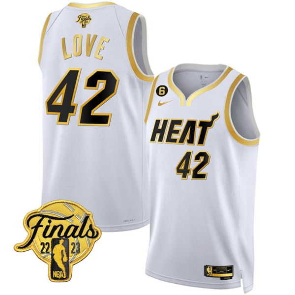 Men's Miami Heat #42 Kevin Love White Gold Edition 2023 Finals Collection With NO.6 Patch Stitched Basketball Jersey